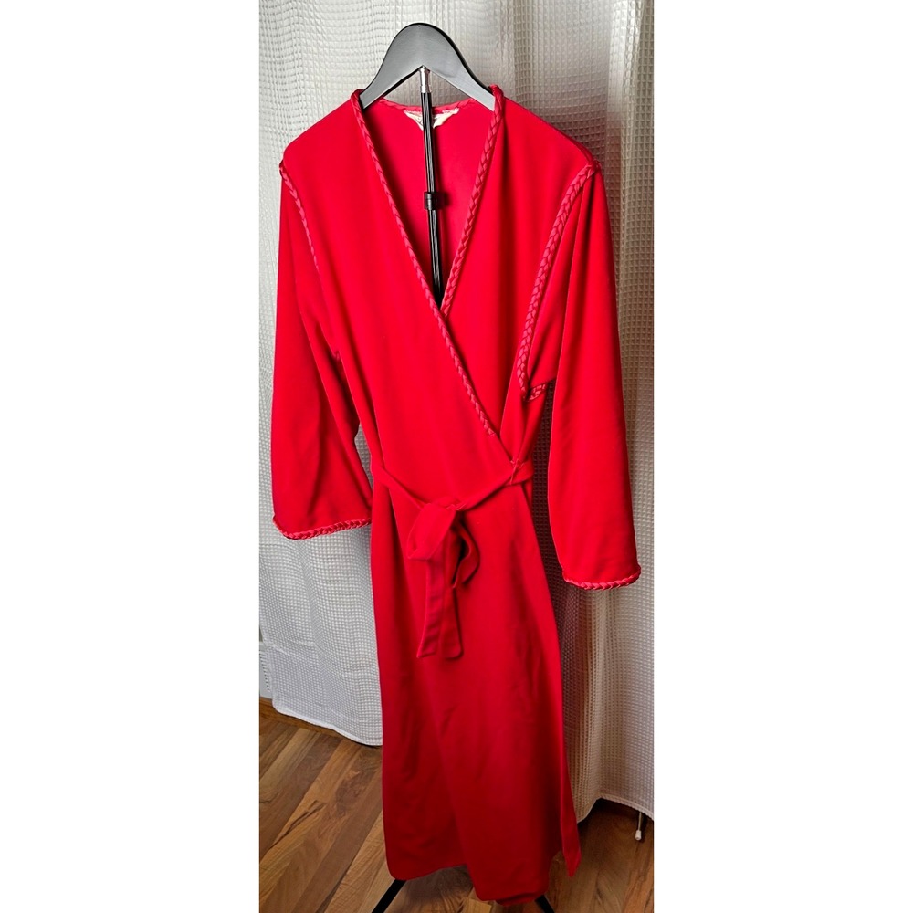 Vintage Vanity Fair Red Velour Wrap Robe w/ braided rope trim size L